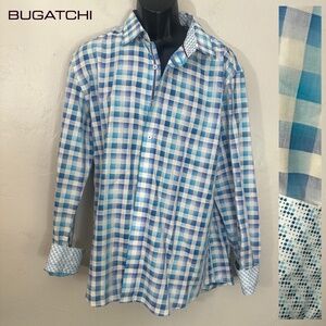 Bugatchi Blue and White Plaid Casual Button Down Shirt